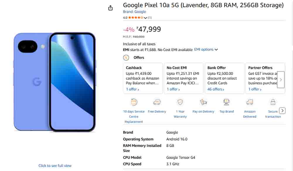 Google Pixel 10a पर मिल रही है भारी छूट और अब बेहद कम कीमत में घर ले आएं गूगल का यह प्रीमियम 5G स्मार्टफोन Google Pixel 10a पर मिल रही है भारी छूट और अब बेहद कम कीमत में घर ले आएं गूगल का यह प्रीमियम 5G स्मार्टफोन