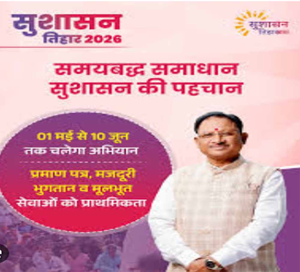 आज से शुरू होगा सुशासन तिहार 2026: 01 मई से 10 जून तक प्रदेश भर में चलेगा अभियान आज से शुरू होगा सुशासन तिहार 2026: 01 मई से 10 जून तक प्रदेश भर में चलेगा अभियान