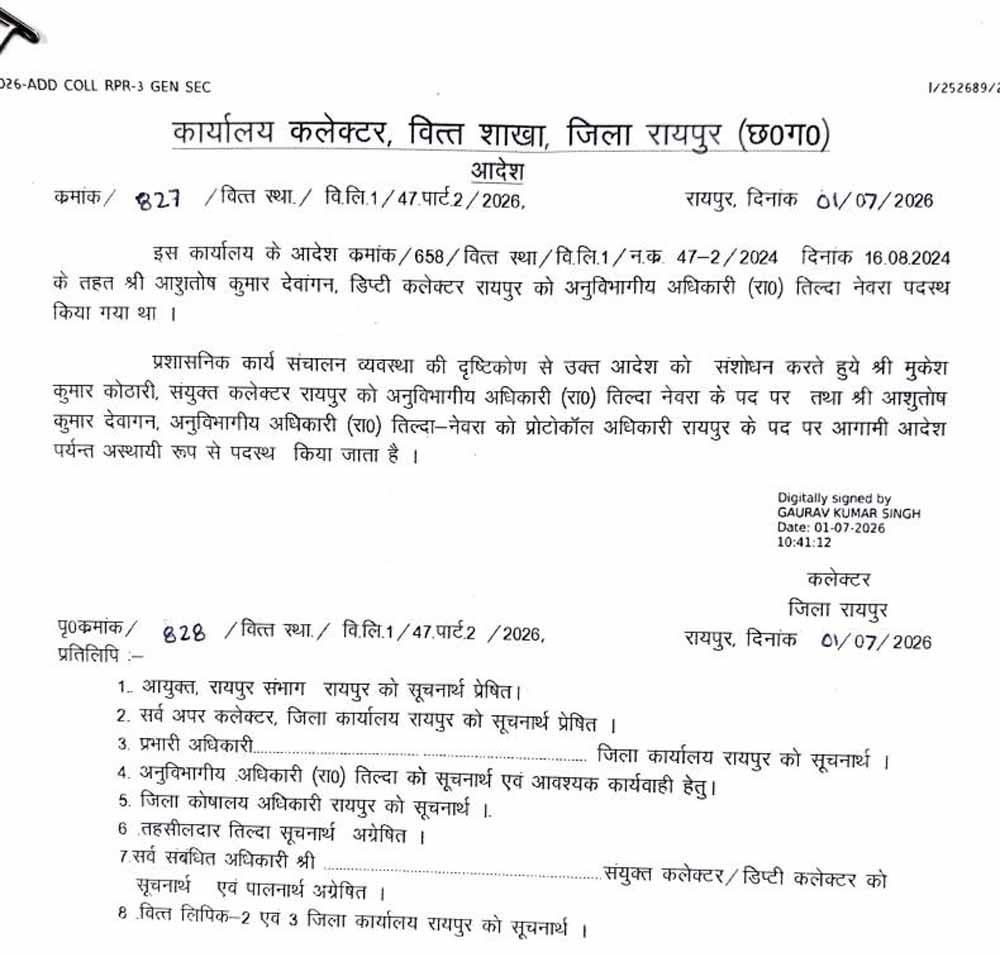रायपुर: मुकेश कोठारी को तिल्दा-नेवरा SDM की जिम्मेदारी, आशुतोष देवांगन बने प्रोटोकॉल अधिकारी