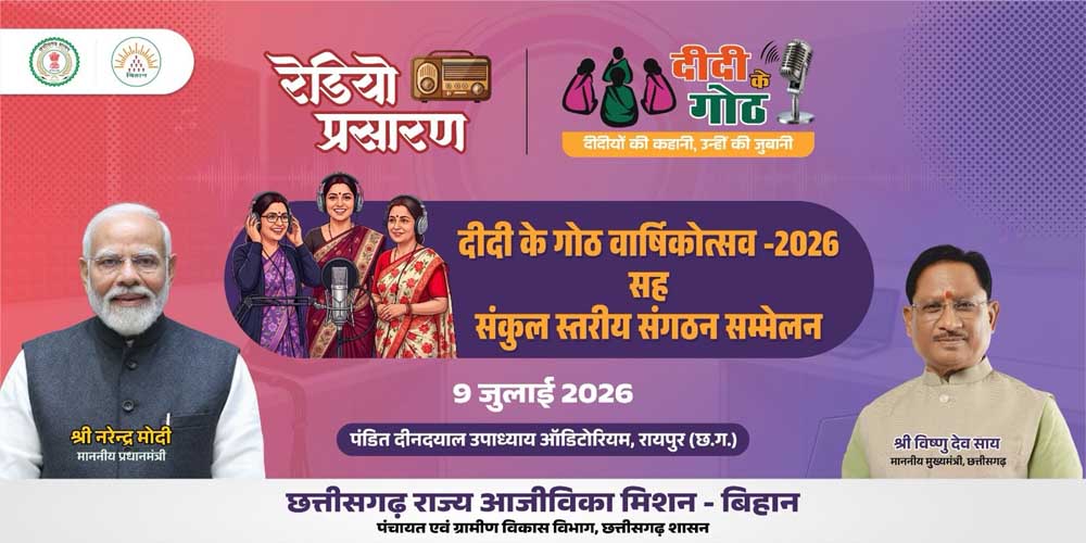“दीदी के गोठ” की एक वर्ष की सफल यात्रा पूर्ण — वार्षिकोत्सव समारोह 09 जुलाई 2026 को “दीदी के गोठ” की एक वर्ष की सफल यात्रा पूर्ण — वार्षिकोत्सव समारोह 09 जुलाई 2026 को